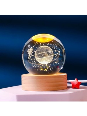 Pratik Ev 3D Kristal Cam Küre, Ahşap Soketli LED Gece Lambası, Satürn Kızı