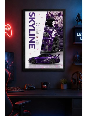 Charmbi Skyline Gt-R R34 Ahşap Çerçeveli Poster Hediyelik Duvar Tablosu Premium Baskı 15X21 | 21X30 | 30X42