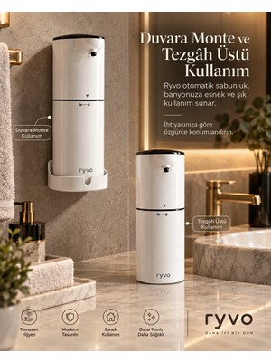 ryvo Otomatik Sensörlü Köpük Sıvı Sabunluk- Şarj Edilebilir - LED Ekran - Modern ve Şık Tasarım -  350ML Geniş Hazne - 8 Kademe Ayarı - Sabun Seviye Uyarısı -  Duvara Montaj Aparatı