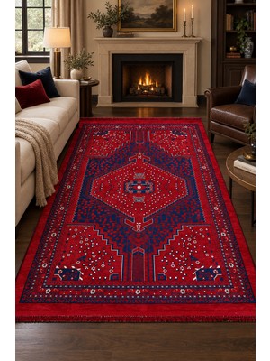 Ally Carpet Baruni Azhar Geleneksel Motifli Kırmızı Etnik Desenli Robot Süpürge Uyumlu Salon Oturma Odası Halısı