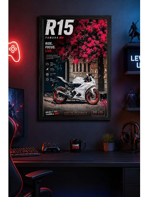 Charmbi Yamaha R15 Siyah Ahşap Çerçeveli Poster Premium Dijital Baskı Tablo 15X21 | 21X30 | 30X42