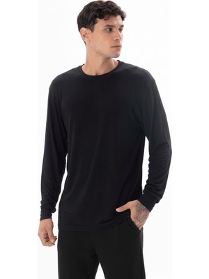 Kly Erkek Siyah Uzun Kollu Bisiklet Yaka Düz Basic T-Shirt C3T2N5-T