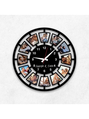 Kapbirhediye Kişiye Özel 12 Fotoğraflı Ahşap Mdf Duvar Saati 4 mm Kalınlığında