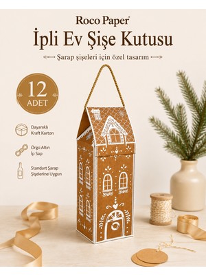 Yılbaşı Ev Tasarımlı Kraft Şişe Kutusu - 12LI Set, Dekoratif Yeniyıl Temalı Parti Hediye Çantası