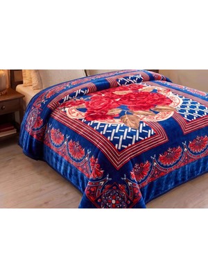 Merinos Kadife Battaniye 220X240 Gülfem Lacivert-Kırmızı