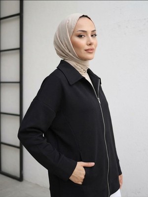 Miostil Cep Detay Fermuarlı Ceket-Siyah