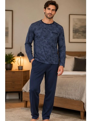 Çift Kaplan Erkek Batik Desen Sıfır Yaka Lacivert Pijama Takımı 8202