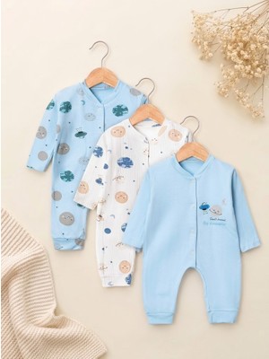 Valia Baby Gezegen Desenli Pamuklu Üçlü Tulum Takım Erkek Bebek