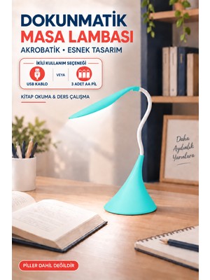 Ecuy Dokunmatik LED Masa Lambası Dimmerli Esnek Akrobatik Kitap Okuma Ders Çalışma Pilli & USB Kablolu Kullanım