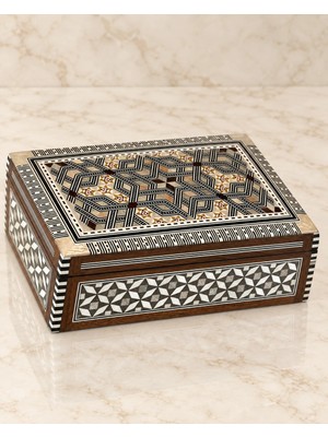 J And J Shop Geometrik Mozaik Desenli Dikdörtgen Ahşap Sandık Kutu - Sedef Kakma