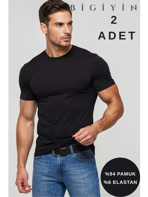 Bigiyin 2 Adet Erkek Likralı Slim Fit Siyah Bisiklet Yaka Pamuklu Tişört Erkek Düz Renk Tişört