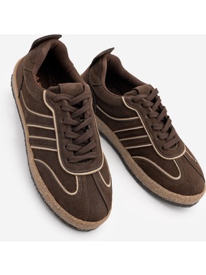 Marjin Kadın Retro Sneaker Süet Görünümlü Bağcıklı Günlük Spor Ayakkabı Veyran Kahve Süet