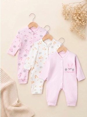 Valia Baby Tavşan Desenli Pamuklu Kız Bebek Üçlü Tulum Takımı