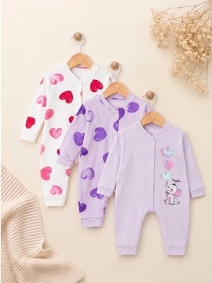 Valia Baby Kalp Desenli Pamuklu Kız Bebek Üçlü Tulum Takımı