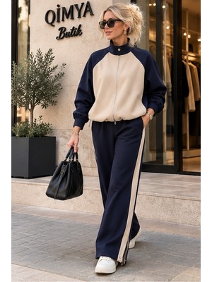 Qimya Butik Keyymod Kadın Astarlı Paraşüt Ceketli Şeritli Pamuk Pantolonlu Alt Üst Ikili Takım