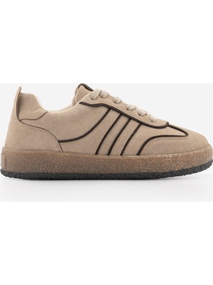 Marjin Kadın Retro Sneaker Süet Görünümlü Bağcıklı Günlük Spor Ayakkabı Veyran Bej Süet