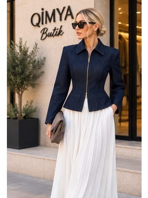 Qimya Butik Keyymod Kadın Vatkalı Bele Oturan Fit Kalıp Tok Kumaş Jean Ceket
