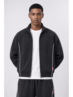 Respire Erkek Biye Detaylı Panda Oversize Zip Siyah
