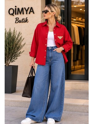 Qimya Butik Keyymod Kadın Çıt Çıtlı Tek Cepli Boncuk Arı Işlemeli Bol Kesim Gabardin Gömlek
