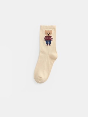 Lc Waikiki Yeni Sezon Ekru Ayı Teddy Baskılı Kadın Soket Çorap