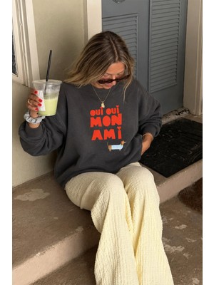 Monila Kadın Premium Kumaş 3 Iplik Şardonlu Yazı Baskılı Sweatshirt