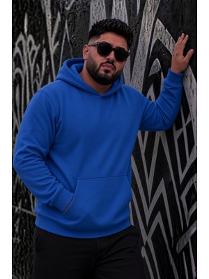 Oksit Bery Büyük Beden Erkek Kapüşonlu Basic Sweatshirt Iki Iplik Şardonlu Kanguru Cepli