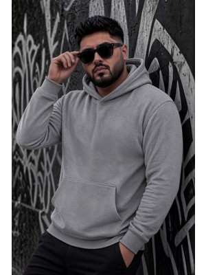 Oksit Bery Büyük Beden Erkek Kapüşonlu Basic Sweatshirt Iki Iplik Şardonlu Kanguru Cepli
