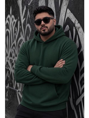 Oksit Bery Büyük Beden Erkek Kapüşonlu Basic Sweatshirt Iki Iplik Şardonlu Kanguru Cepli