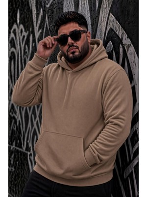 Oksit Bery Büyük Beden Erkek Kapüşonlu Basic Sweatshirt Iki Iplik Şardonlu Kanguru Cepli