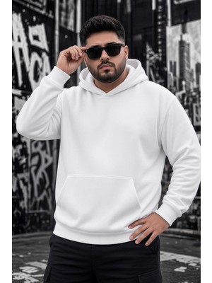 Oksit Bery Büyük Beden Erkek Kapüşonlu Basic Sweatshirt Iki Iplik Şardonlu Kanguru Cepli