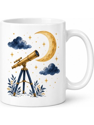 HemenGo Teleskop ve Yıldızlı Gece Tasarımlı Porselen Kupa - Model 274 Hmngo.bzsx.