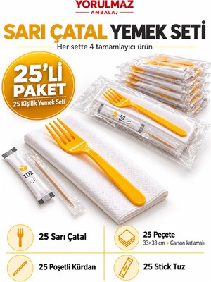 Yorulmaz Ambalaj Lüks Sarı Çatal Yemek Seti 25 Kişilik – Modern Sunum, 33×33 Garson Katlamalı Peçete, Poşetli Kürdan ve Stick Tuz