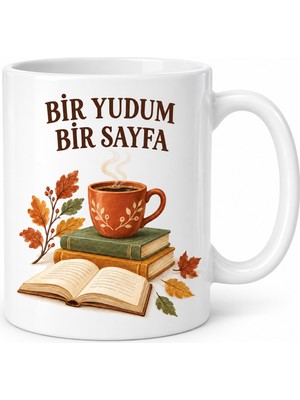 HemenGo Bir Yudum Bir Sayfa Kitap ve Kahve Temalı Porselen Kupa - Sonbahar Tasarımı - Model 257 Hmngo.bzs