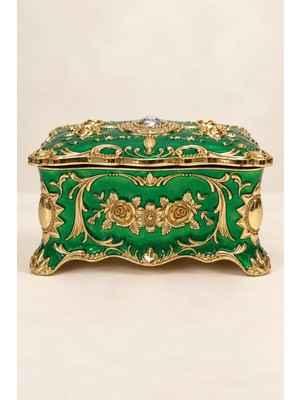 Rasha Collection Yeşil Gold Çiçek Motif ve Taş Işlemeli Dekoratif Takı Mücevher Kutusu