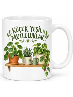 HemenGo Küçük Yeşil Mutluluklar Saksı Bitkileri Tasarımlı Porselen Kupa - Model 265 Hmngo.bzsx.