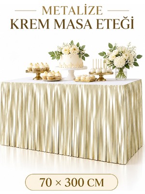 Bkmc Metalize Krem Masa Eteği 70X300 cm Püsküllü Parlak Masa Süsü Doğum Günü Nişan Söz Düğün Parti Dekoru Doğum Günü Parti Seti Süsü