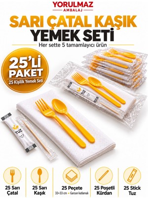 Yorulmaz Ambalaj Lüks Sarı Çatal Kaşık Yemek Seti 25 Kişilik – 33×33 cm Garson Katlamalı Peçete, Poşetli Kürdan ve Stick Tuz
