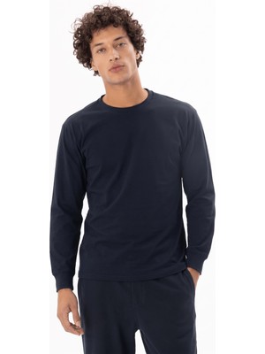 Kly Erkek Lacivert Uzun Kollu Bisiklet Yaka Düz Basic T-Shirt C3T2N5-T