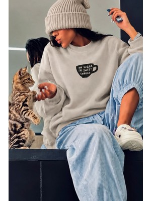 Monila Kadın Premium Kumaş 3 Iplik Şardonlu Kahve Fincanı Baskılı Sweatshirt