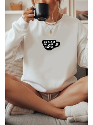 Monila Kadın Premium Kumaş 3 Iplik Şardonlu Kahve Fincanı Baskılı Sweatshirt