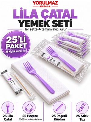 Yorulmaz Ambalaj Lüks Lila Çatal Yemek Seti 25 Kişilik – 33×33 cm Garson Katlamalı Peçete, Poşetli Kürdan ve Stick Tuz