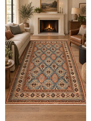 Ally Carpet Gahane Efnan Mavi Kiremit Oturma Odası Salon Robot Süpürge Uyumlu Saçaklı Kilim Dokulu Nostaljik Kol
