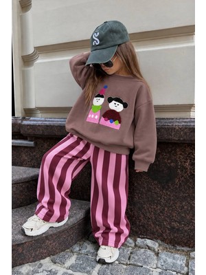 Monila Kız Çocuk Pamuklu Süzene Çocuk Nakışlı Kahverengi Sweatshirt ve Pembe Çizgili Eşofman Alt Üst Takım