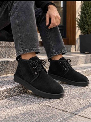 Evlium Ugg Siyah Hakiki Süet Deri Bilek Boy Bağcıklı Bot (Toz Torbası & Qr Kodlu Orijinal Kutulu)
