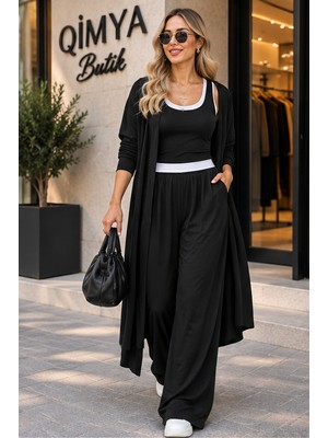 Qimya Butik Buketli Kadın Uzun Kapüşonlu Hırkalı Bol Pantolonlu Içi Çift Atletli 4'lü Ince Penye Alt Üst Takım