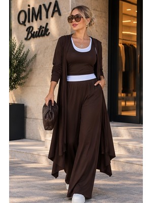 Qimya Butik Buketli Kadın Uzun Kapüşonlu Hırkalı Bol Pantolonlu Içi Çift Atletli 4'lü Ince Penye Alt Üst Takım