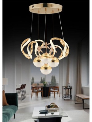 Kumandalı 3 Renk Işık Özellikli 4 Toplu Modern Gold Kaplama Sarkıt LED Avize Salon Avize