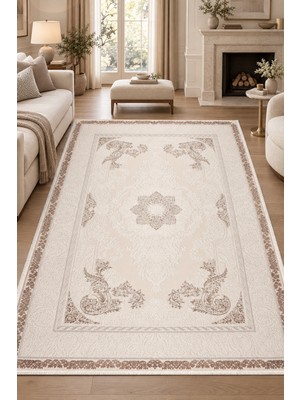 Ally Carpet Süreyya Irvin Krem Vizon Oturma Odası Salon Halısı Robot Süpürge Uyumlu Kolay Temizlenebilir Modern
