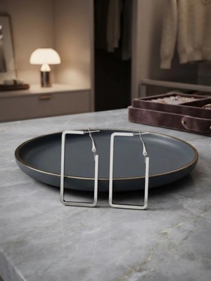 Valanti Art Minimalist Silver Dikdörtgen Halka Küpe