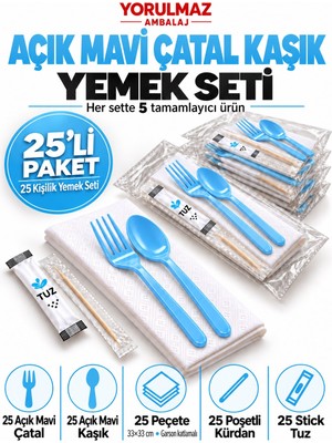 Yorulmaz Ambalaj Lüks Açık Mavi Çatal Kaşık Yemek Seti 25 Kişilik – 33×33 cm Garson Katlamalı Peçete, Poşetli Kürdan ve Stick Tuz